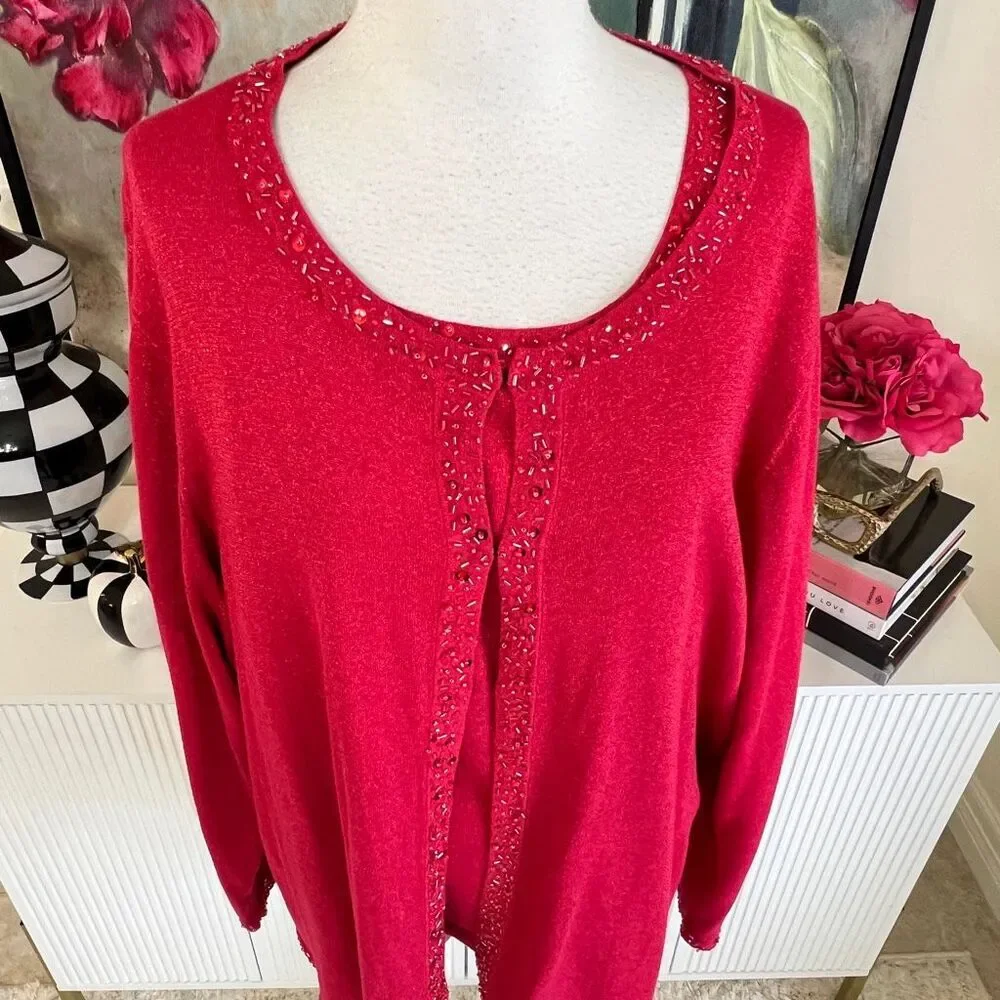 Maggie Barnes Women's Shimmer Knit Beaded Trim Tank & Cardigan Set Red 3X
